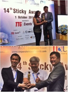 Neng Miranda (above) receives the Tourism Promotions Board's awards from Darren Ng of TTG Asia Media. Buddy Recio (middle below) and Paolo Abellanosa (left below) of Hospitality News Philippines and Travel Update Philippines receive the first-ever Stickiest Social Sharing award.